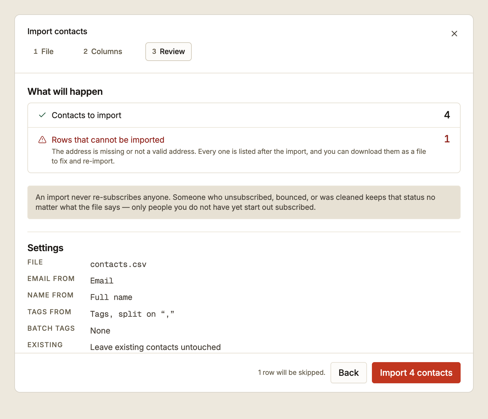The review stage, showing what will be imported and what will be skipped